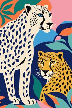 two cheetah standing next to each other on a colorful background