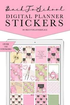 the back to school digital planner stickers are shown on an ipad with pink and green background