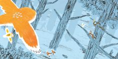 an orange bird flying over a forest filled with trees and bees on it's wings