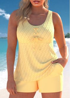 Color:Light Yellow;Size:S;Size:M;Size:L;Size:XL;Size:XXL;Bra Style:Padded;Support:Wire Free;Pad Style:Removable;Strap Style:Adjustable;Package Contents:1 X Top , 1 X Shorts;Occasion:Sport; Yellow Tankini, Swimwear 2024, Board Shorts Women, Swimsuits Outfits, Lovely Tops, Pocket Light, Blue Jumpsuits, Swimwear Bottoms, Red Jumpsuit