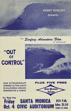 an advertisement for the movie out of control, featuring two surfers and a large wave