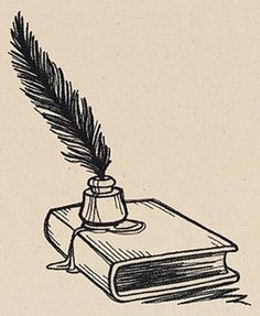 an ink drawing of a book with a feather quill on top