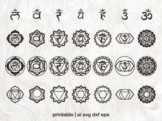 the seven chakras are arranged in different styles and sizes, including symbols for each chakra