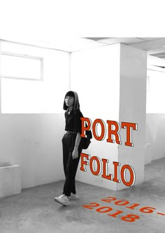 a woman standing in an empty room with the words port follo on it