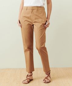 Twill Trouser Tan Chic Cotton Chinos Trousers, Chic Cotton Chinos, Spring Tapered Everyday Pants, Spring Everyday Tapered Pants, Summer Workwear Chinos With Tapered Leg, Chic Cotton Chinos With Tapered Leg, Summer Workwear Tapered Leg Chinos, Spring Stretch Chinos With Welt Pockets, Chic Cotton Ankle-length Chinos