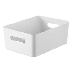 a white plastic storage box with handles