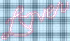 a cross stitch pattern with pink and blue squares on the bottom, which has an arrow in the middle