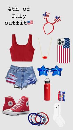 the fourth of july outfit is shown with american flags, shorts and converses on it