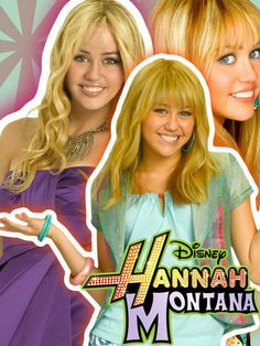 two young women with blonde hair and blue eyes are smiling for the camera in front of an advertisement for hannah montana