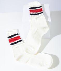 White & Red Striped Socks - Unique Vintage - Womens, ACCESSORIES, HOSIERY Comfortable Cotton Socks With Ribbed Cuffs, White Ribbed Cotton Socks, Casual Striped Cotton Socks, Casual White Ribbed Knee-high Socks, Casual White Ribbed Socks, Retro Striped Cotton Socks, Comfortable Striped Cotton Socks, Retro Stripes, Thigh High Socks