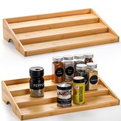 two wooden trays with spices and seasonings on them