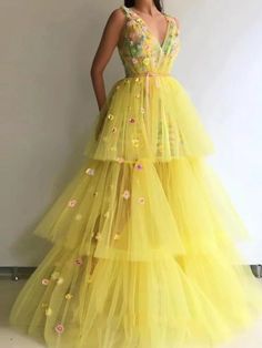 Yellow Tulle Prom Dress V Neck 3D Flower Vintage Evening Dress on Storenvy Prom Dress V Neck, Vintage Evening Dress, Floral Dress Formal, Lace Evening Gowns, Tulle Evening Dress, Cheap Evening Dresses, Long Evening Gowns