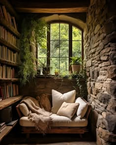 a living room filled with lots of books and furniture