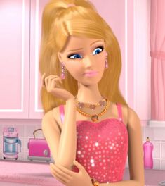 a barbie doll is standing in a pink kitchen with her hand on her hip and looking at the camera