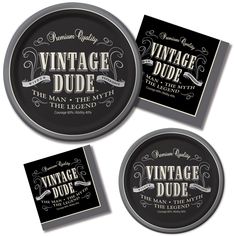 three vintage dude coasters with labels on them