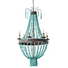 a chandelier with blue beads hanging from it's center point and two candles in the middle