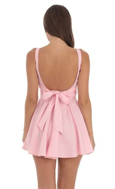 Jacquard Open Back Bow Dress in Pink | LUCY IN THE SKY Pink Hoco Dress, Back Bow Dress, Sequin Babydoll Dress, Mini Corset Dress, Chiffon Babydoll Dress, Hoco Dress Ideas, Cute Hoco Dresses, Pink Bow Dress, Dance Dress Ideas