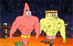 spongebob and patrick face off in an animated wrestling ring, with one wrestler looking on