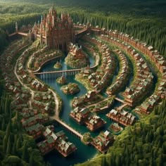 an aerial view of a city surrounded by trees and water in the middle of a forest