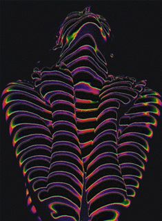 an abstract photograph of the back of a person's head and neck in neon colors