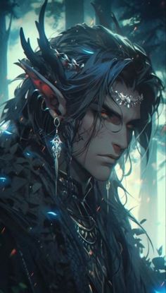 an image of a man with long hair and horns on his head in the woods