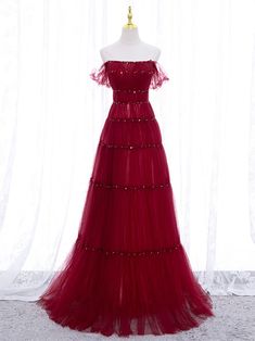 Burgundy Off Shoulder Long Prom Dress, Burgundy Formal Edwardian Dresses, Prom Dresses Ideas, Burgundy Formal Dress, 2022 Prom Dresses, Wedding Dress Boutique, Prom Dress Pictures