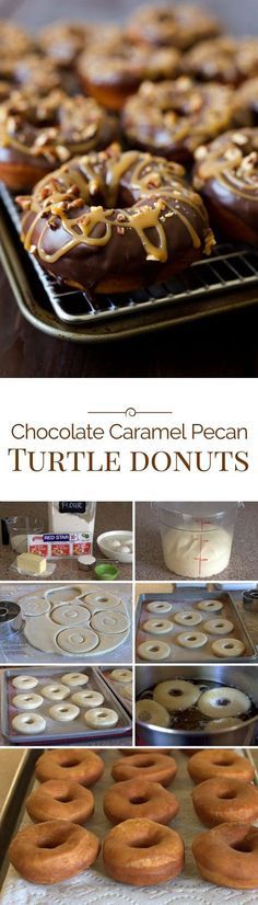 chocolate caramel pecan turtle donuts are on display