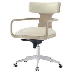 an office chair with wheels on the back and seat upholstered in white leather