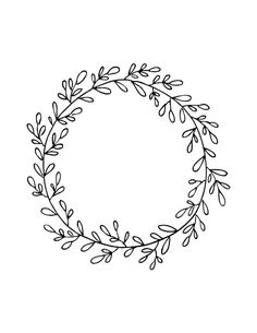 a black and white drawing of a circular frame with leaves on the edges, in an outline style