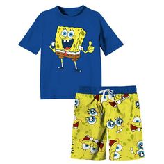 Little and big boys and kids will love this two piece Spongebob swimsuit set!! Includes a swim short and a short sleeve rash guard top. Swim bottoms have an elastic waist with adjustable drawsting. Trunks also have an inside mesh lining and the material is 95% polyester and 5% spandex. The top has short sleeves and 100% polyester. Set has UV 50 protection to help prevent sunburn. This is an officially licensed Nick set. Kids will love to go under the sea swimming in pool, lake, ocean, or backyar Playful Swim Trunks For Summer Activities, Playful Short Swim Trunks For Summer Activities, Playful Blue Swim Trunks For Summer Activities, Playful Short Swimwear For Summer Activities, Playful Cotton Swim Trunks For Pool, Playful Shorts For Beach Season Playwear, Playful Beach Season Shorts For Playwear, Playful Beach Season Shorts, Playful Shorts For Summer Activities