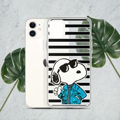 a cell phone case with a cartoon character on the front and back cover in black and white stripes