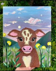 a painting of a baby cow in a field