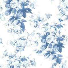 a blue and white floral wallpaper with leaves