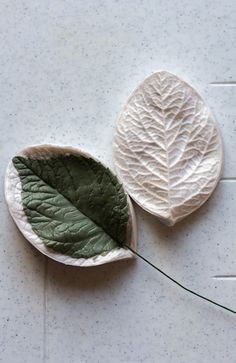 two leaf shaped dishes sitting on top of a tile floor