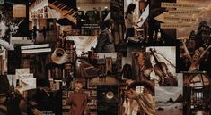 a collage of pictures with people and musical instruments in them, including an image of a man playing the piano