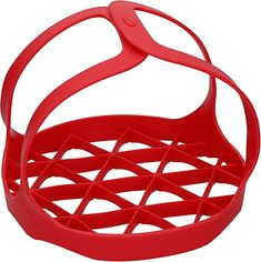 a red plastic basket with handles on white background