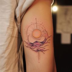 Rising Sun Tattoo Sketch Set Rising Sun Finger Tattoo, Sunrise Over Water Tattoo, Women Sun Tattoo, Sun And Rainbow Tattoo, Tattoos For Strength Women, Sun Tattoo Sketch, Cute Tattoo Placement For Women, Upper Forearm Tattoo, Powerful Tattoos For Women Strength