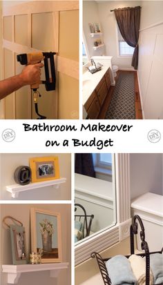 bathroom makeover on a budget with pictures and text overlaying the photo collage