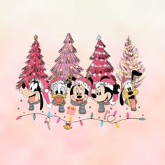 a group of cartoon characters standing next to each other in front of a christmas tree