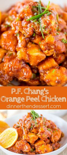 orange peel chicken in a white bowl with lemon wedges on the side and text overlay that reads p f change's orange peel chicken