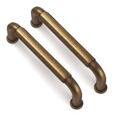 two antique brass door handles on a white background