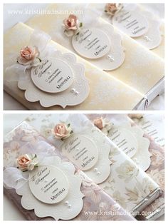 wedding guest book with flowers and ribbons on the front, and in the back side