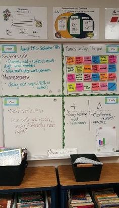 two desks with books on them in front of a whiteboard