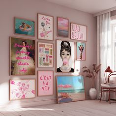 there are many pictures on the wall in this living room, and one is pink