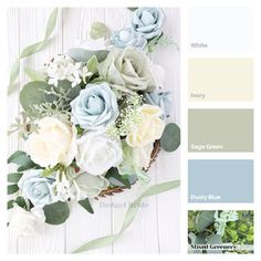 a bouquet of flowers sitting on top of a white wooden table next to greenery