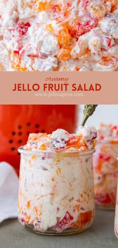 an image of jello fruit salad in a glass jar with the title above it