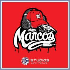 an image of a baseball cap and headphones on top of the word marcos