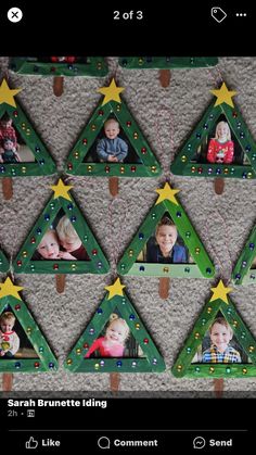 christmas tree photo frames hanging from clothes pins on a carpeted wall with text overlay