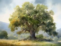 a painting of a large tree in the middle of a field