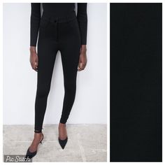 Nwt. Zara Black High-Waisted Leggings With False Front Pockets, Belt Loops, Front Zipper And Button Closure. Size M. Ref 4387/256. Waist 13,5" Flat, Rise 11,5", Inseam 26,5". Do1 Solid Color Fitted Mid-rise Leggings, Black Elastane Trousers, Elastic Bottoms For Night Out, Black Mid-rise Elastane Leggings, Mid-rise Black Elastane Leggings, High-waist High-stretch Bottoms For Fall, High Rise Fitted Leggings With Wide Waistband, Versatile High Rise Fitted Leggings, Fitted High-rise Elastane Leggings